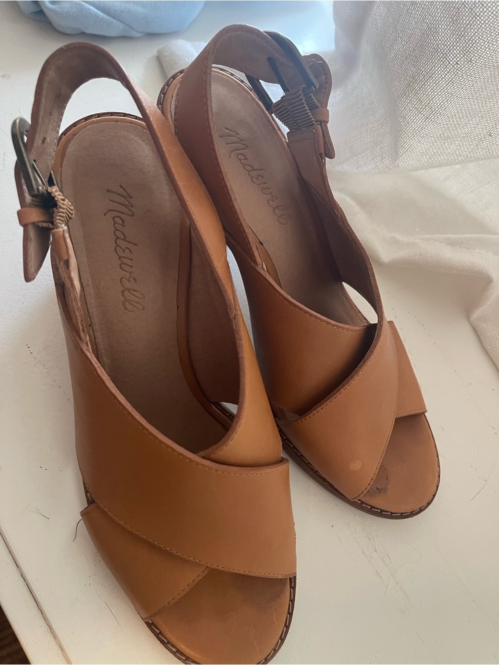 Madewell Cognac Leather Crisscross Slingback Heels - Picture 6 of 10